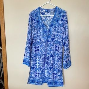 Raj 100% Cotton Sheer Cover Up in Blue White Sz L